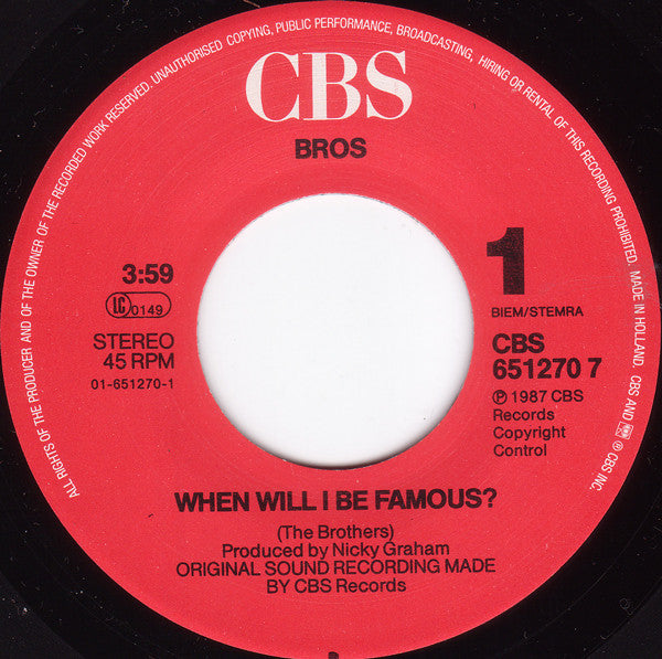 Bros : When Will I Be Famous? (7", Single)